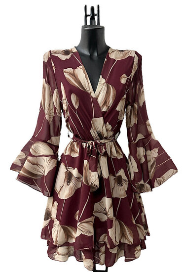 Prachtige korte bordeaux-beige wikkeljurk met bloemen print 
