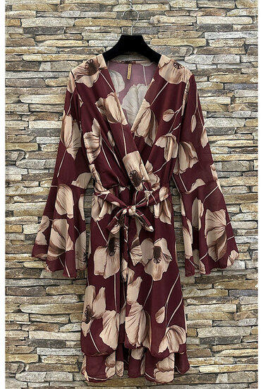 Prachtige korte bordeaux-beige wikkeljurk met bloemen print 