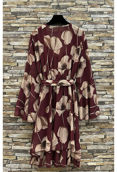Prachtige korte bordeaux-beige wikkeljurk met bloemen print 