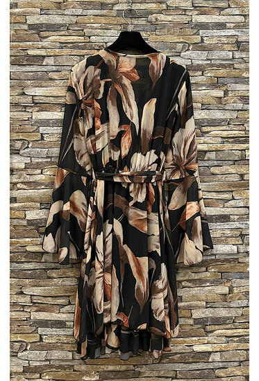 Prachtige korte zwart-bruine wikkeljurk met bloemen print 