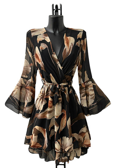 Prachtige korte zwart-bruine wikkeljurk met bloemen print 