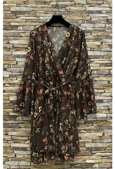 Prachtige korte marron bruine wikkeljurk met bloemen print 