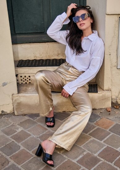 Gouden glitter coated wide leg pants