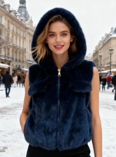 Blauwe bodywarmer in faux fur