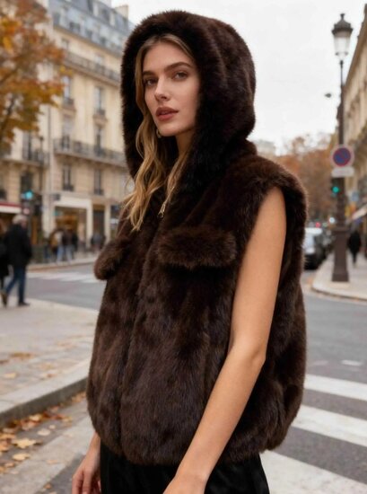 Donker bruine bodywarmer in faux fur