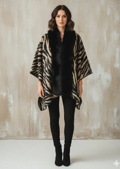 Poncho met zebraprint, taupe-zwart