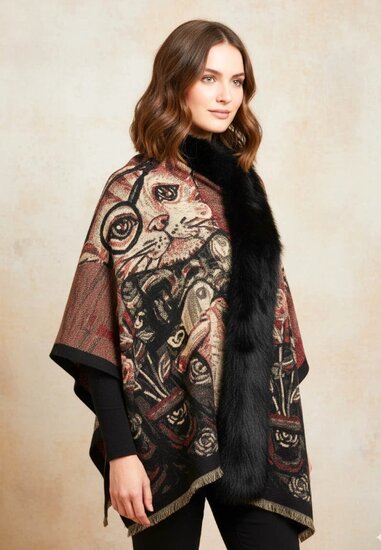 Multicolour poncho met print,poes+bril