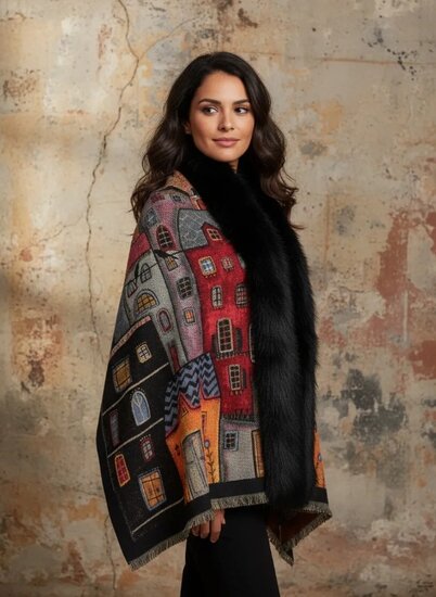 Multicolour poncho met print van huizen