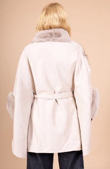 Beige mixed poncho in faux fur