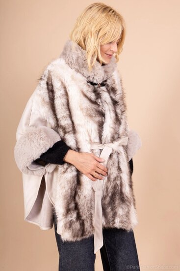 Beige mixed poncho in faux fur