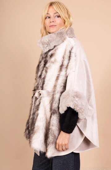 Beige mixed poncho in faux fur