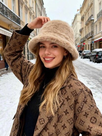 Taupe bucket hoed in imitatiebont