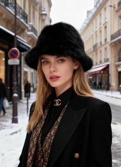 Zwarte bucket hoed in imitatiebont