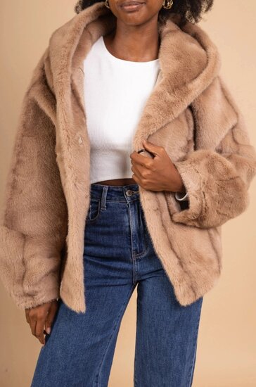 Oversized korte camel jas in imitatiebont