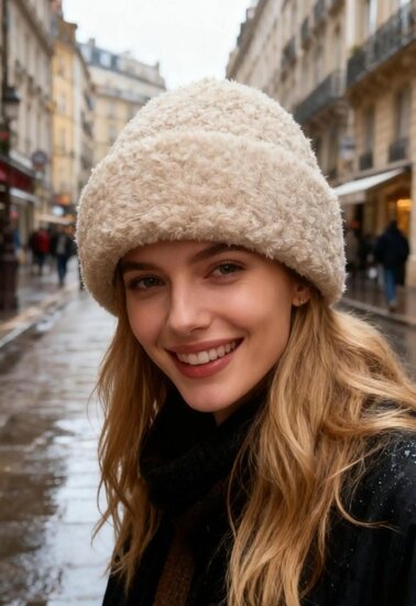 Beige beanie met sherling effect