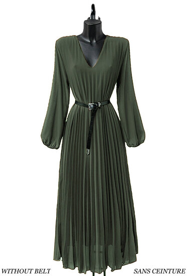 Klassieke kaki groene maxi plisse jurk 
