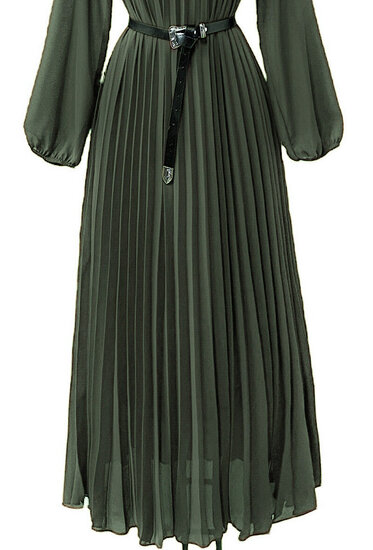 Klassieke kaki groene maxi plisse jurk 
