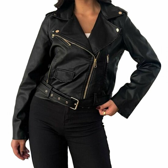 Korte zwarte leatherlook biker jacket