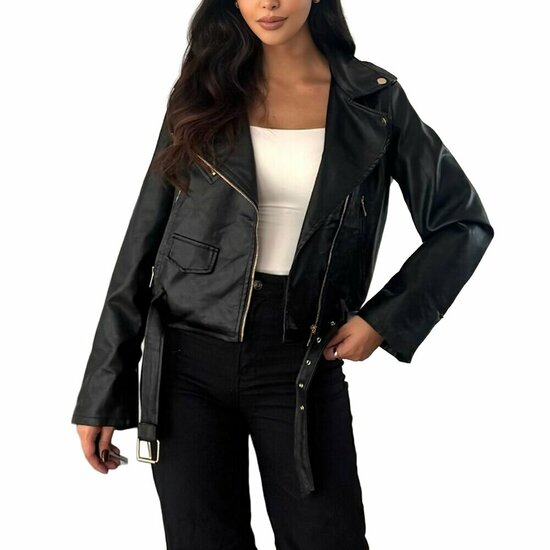 Korte zwarte leatherlook biker jacket