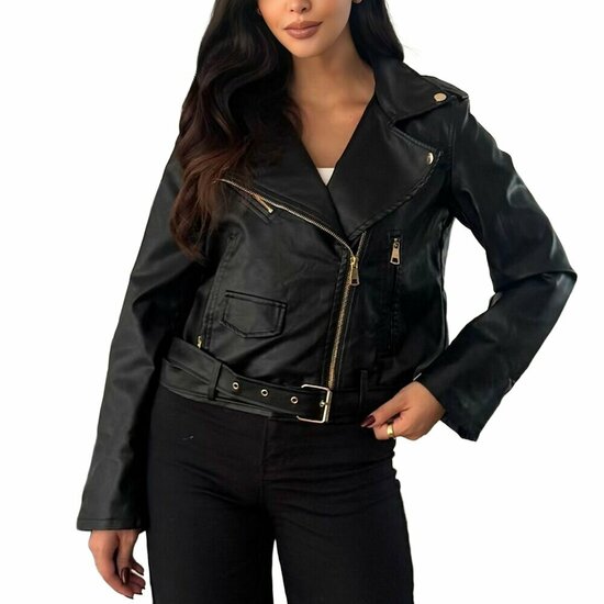 Korte zwarte leatherlook biker jacket
