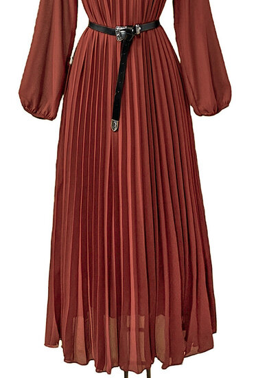 Klassieke terracotta maxi plisse jurk 