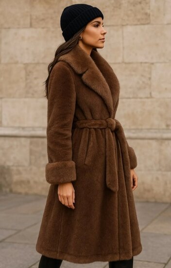 Bruine lange luxe mantel in faux fur