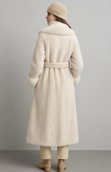 Beige lange luxe mantel in faux fur