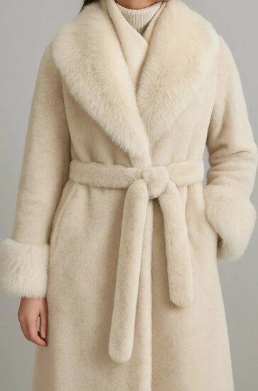 Beige lange luxe mantel in faux fur