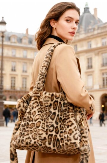 Leopard printed schoudertas in imitatiebont op camel achtergrond