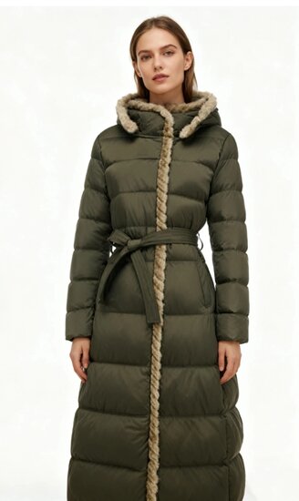 Kaki groene lange luxe gewatteerde mantel 