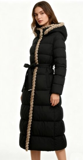 Zwarte lange luxe gewatteerde mantel 