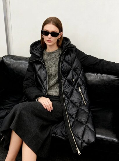 Trendy zwarte midi gewatteerde pufferjas