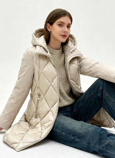 Trendy beige midi gewatteerde pufferjas