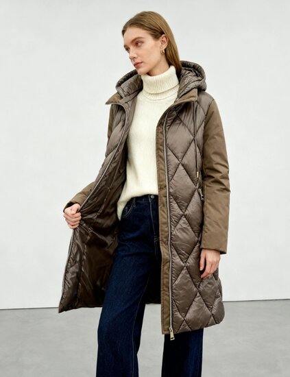 Trendy bruine midi gewatteerde pufferjas