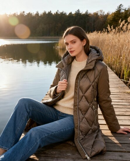Trendy bruine midi gewatteerde pufferjas