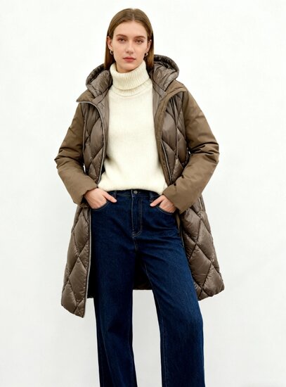 Trendy bruine midi gewatteerde pufferjas