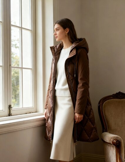 Trendy terracotta midi gewatteerde pufferjas