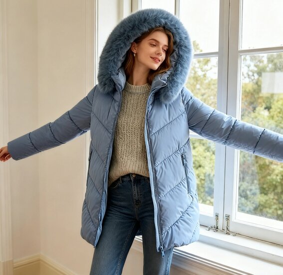 Cozy licht blauwe midi  gewatteerde winterjas met shiny look