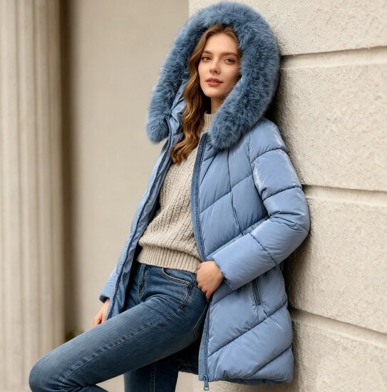 Cozy licht blauwe midi  gewatteerde winterjas met shiny look