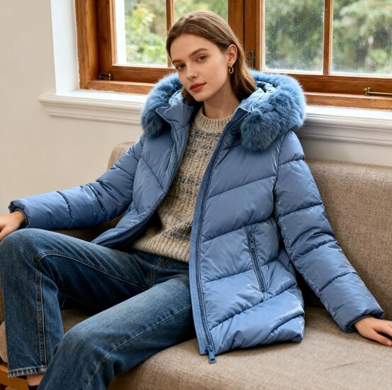 Cozy licht blauwe midi  gewatteerde winterjas met shiny look