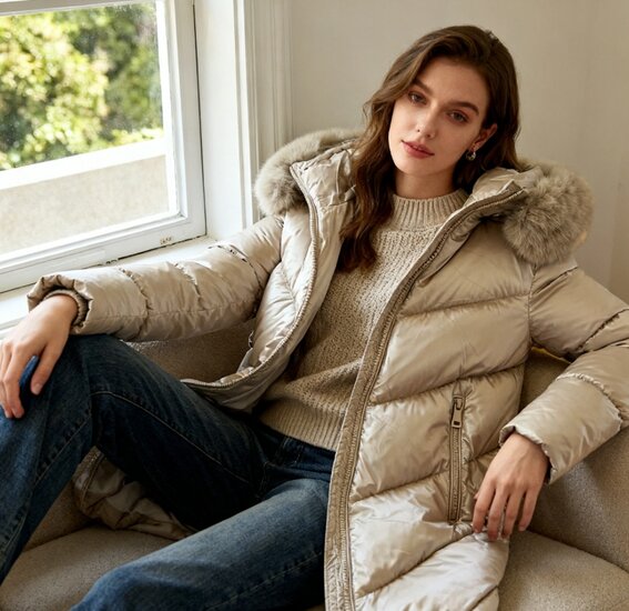 Cozy beige midi  gewatteerde winterjas met shiny look