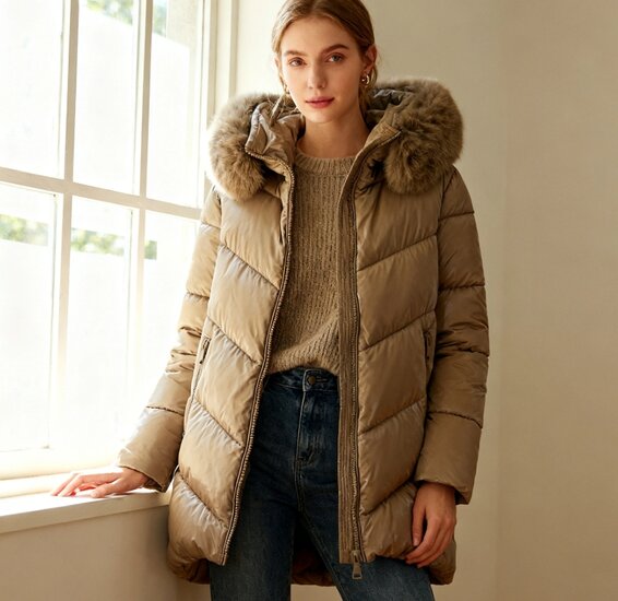 Cozy taupe midi  gewatteerde winterjas met shiny look