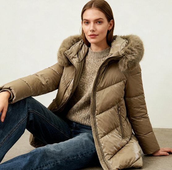 Cozy taupe midi  gewatteerde winterjas met shiny look