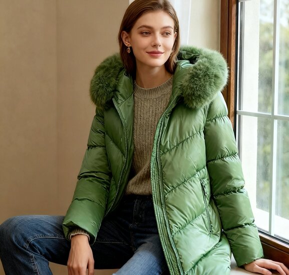 Cozy groene midi  gewatteerde winterjas met shiny look