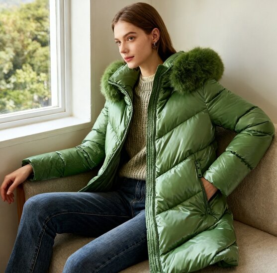 Cozy groene midi  gewatteerde winterjas met shiny look