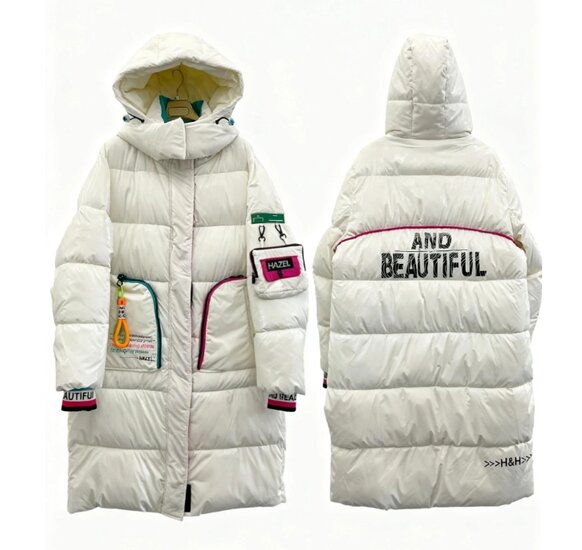 Sportieve lange witte gewatteerde winterjas