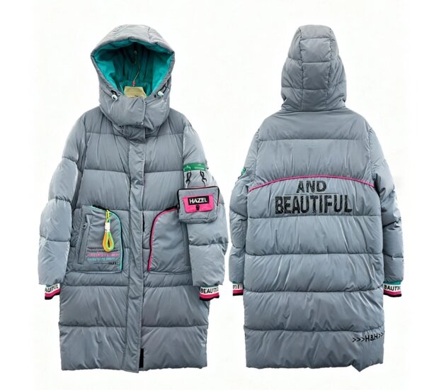 Sportieve lange licht blauwe gewatteerde winterjas