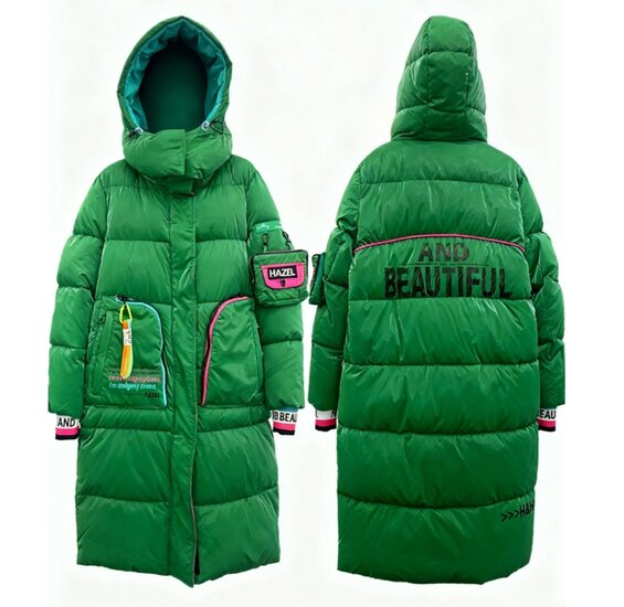 Sportieve lange groene gewatteerde winterjas