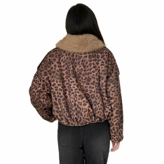 Trendy leopard bomber jacket in leatherlook versierd met nailheads
