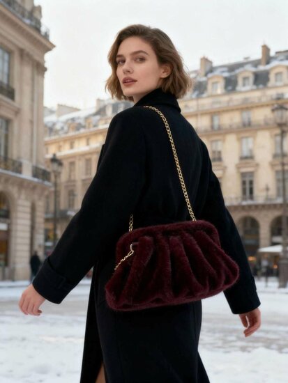 Élégant sac à bandoulière bordeaux en fausse fourrure